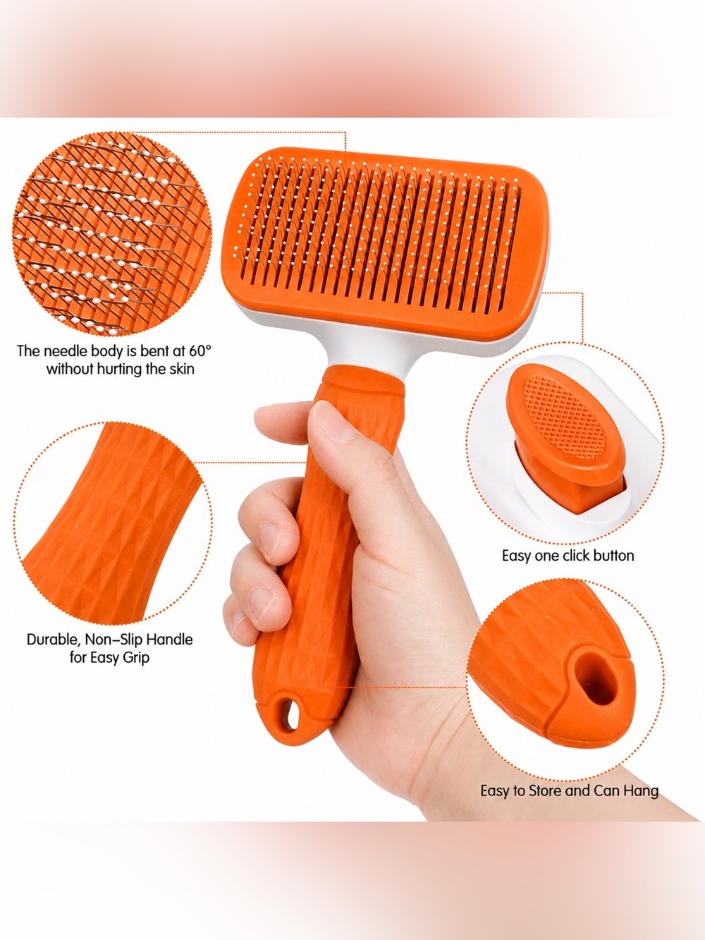 Self Cleaning Pet Grooming Slicker Brush Dog Cat Hair Remover Orange New Unused - Picture 2 of 11